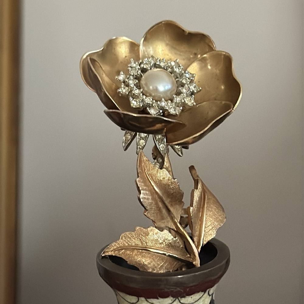 Marcel Boucher Gold Floral Brooch Rhinestones & Pearl  1960’s Day /Night Pin.
